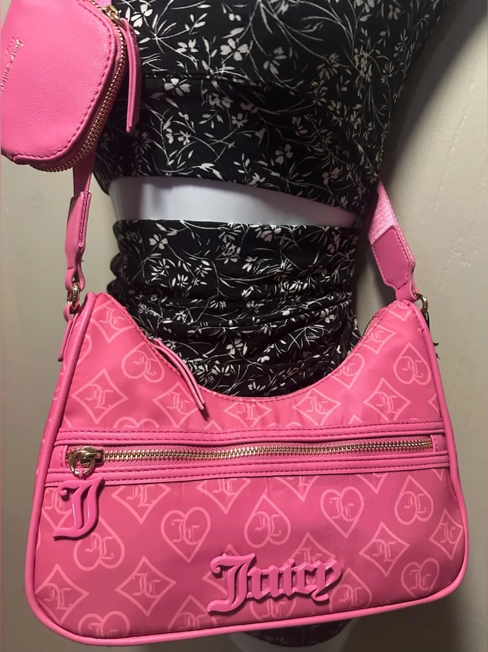 💕 NWT/ Juicy Couture Hot Pink Monogram Crossbody Bag with Coin Pouch 💕